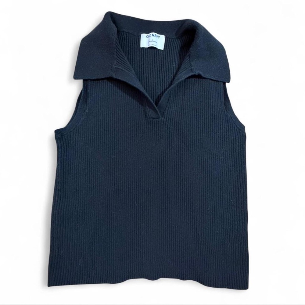 Old Navy Ribbed Knit Sleeveless Top Black Collared Tank Size Large Stretch